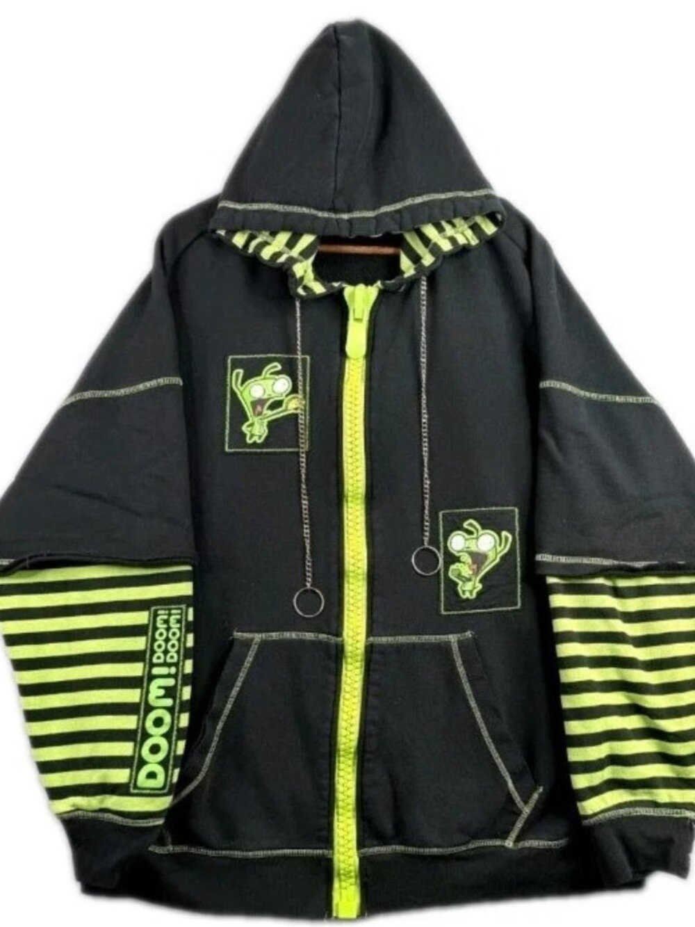 Invader Zim X Hot Topic Hoodie XL Black GIR Doom Layered Striped Sleeve Emo Y2K